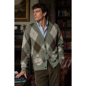 J.Crew Mens Lambswool Argyle Cardigan Sweater Green Brown 88978 Size M